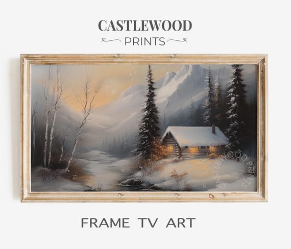 Winter Cabin By Mountain Stream Frame Tv Art Rustic Cottage Scene Snowy Landscape Print For Cozy Decor 58