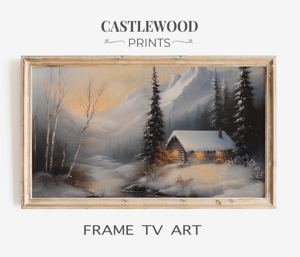 Snowy Mountain Cabin by a Stream with Warm Glowing Windows TV Wall Art