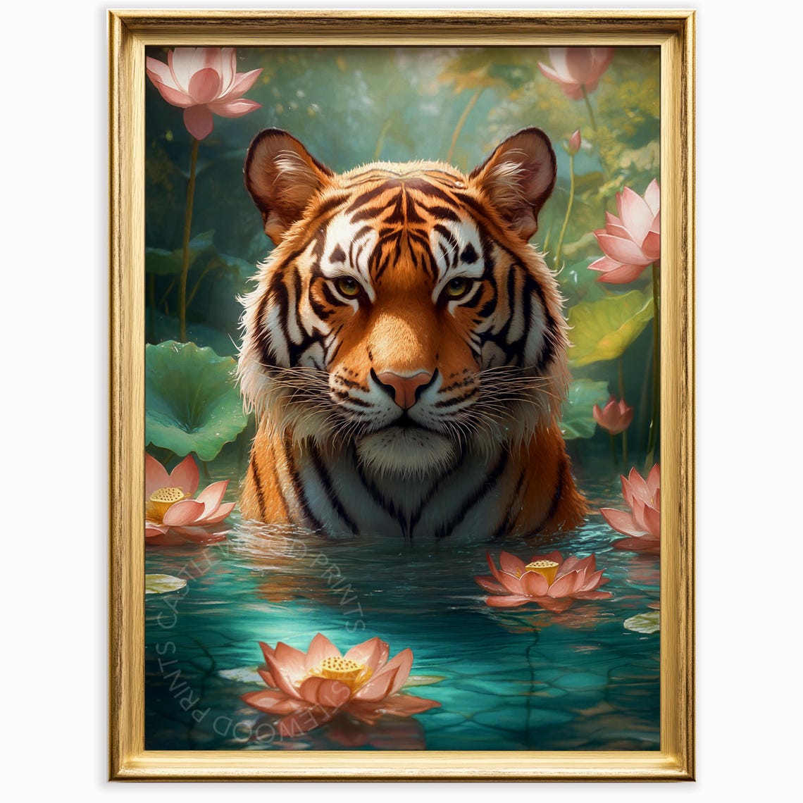 Tiger Wading Through A Tranquil Water Lily Pond At Dusk Poster