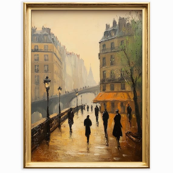 Rainy Paris Street Scene with a Bridge and Cafe Awning Poster