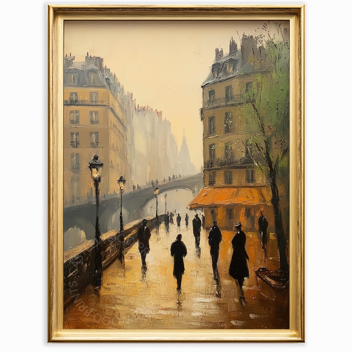 Rainy Paris Street Scene with a Bridge and Cafe Awning Poster