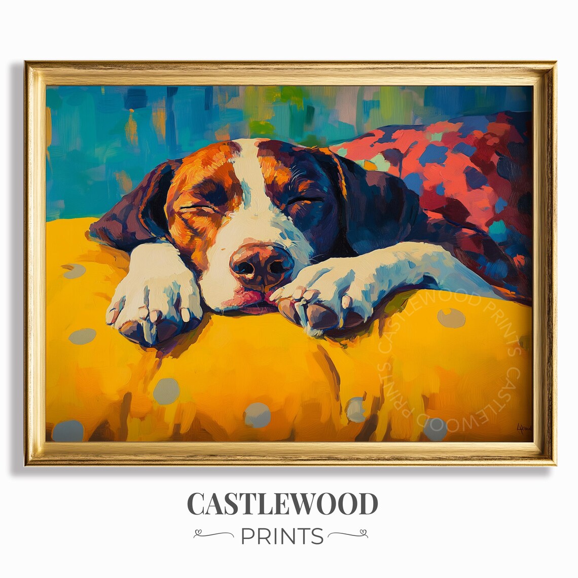 Sleeping Brown and White Dog on Yellow Bed Cozy Fine Art Poster