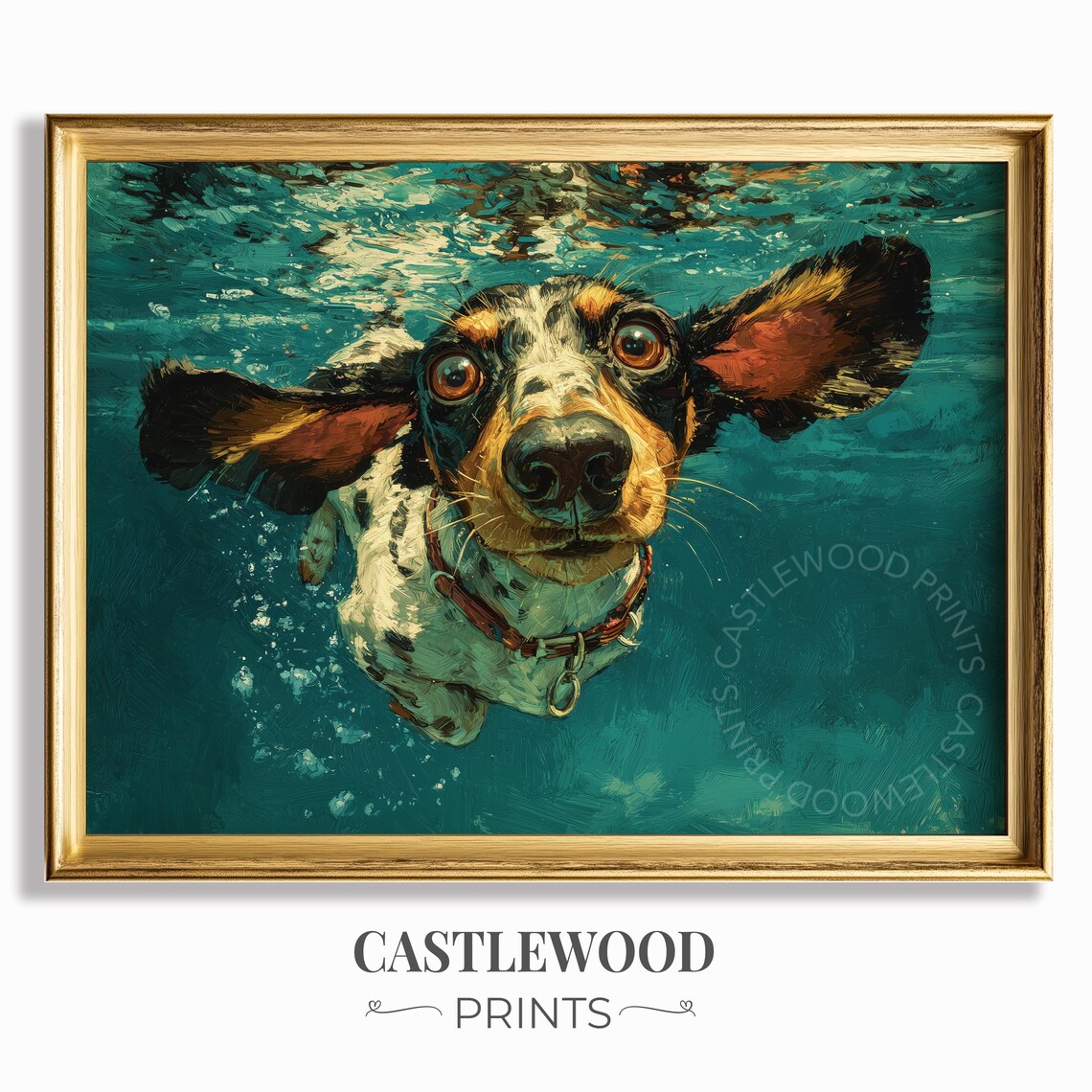 Wide-Eyed Dachshund Swimming Underwater Quirky Oil Painting Poster