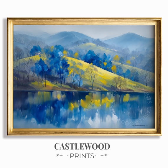 Winter Hillside Reflection Art Landscape Oil Painting Style Loose Brushstrokes Moody Blue And Yellow Wall Decor 719