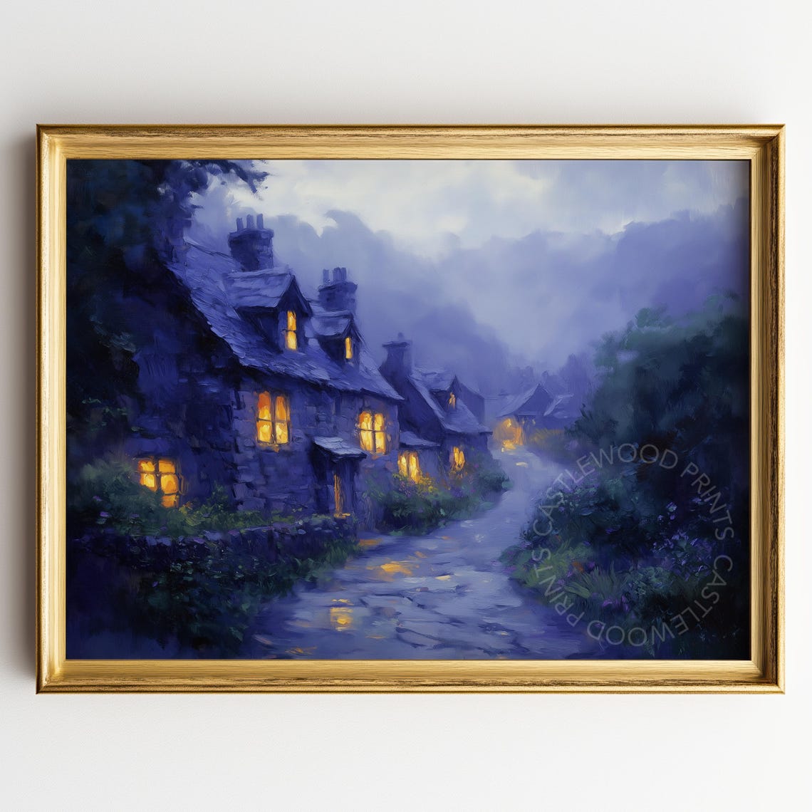 Scottish Stone Cottage Village at Dusk With Glowing Windows Poster