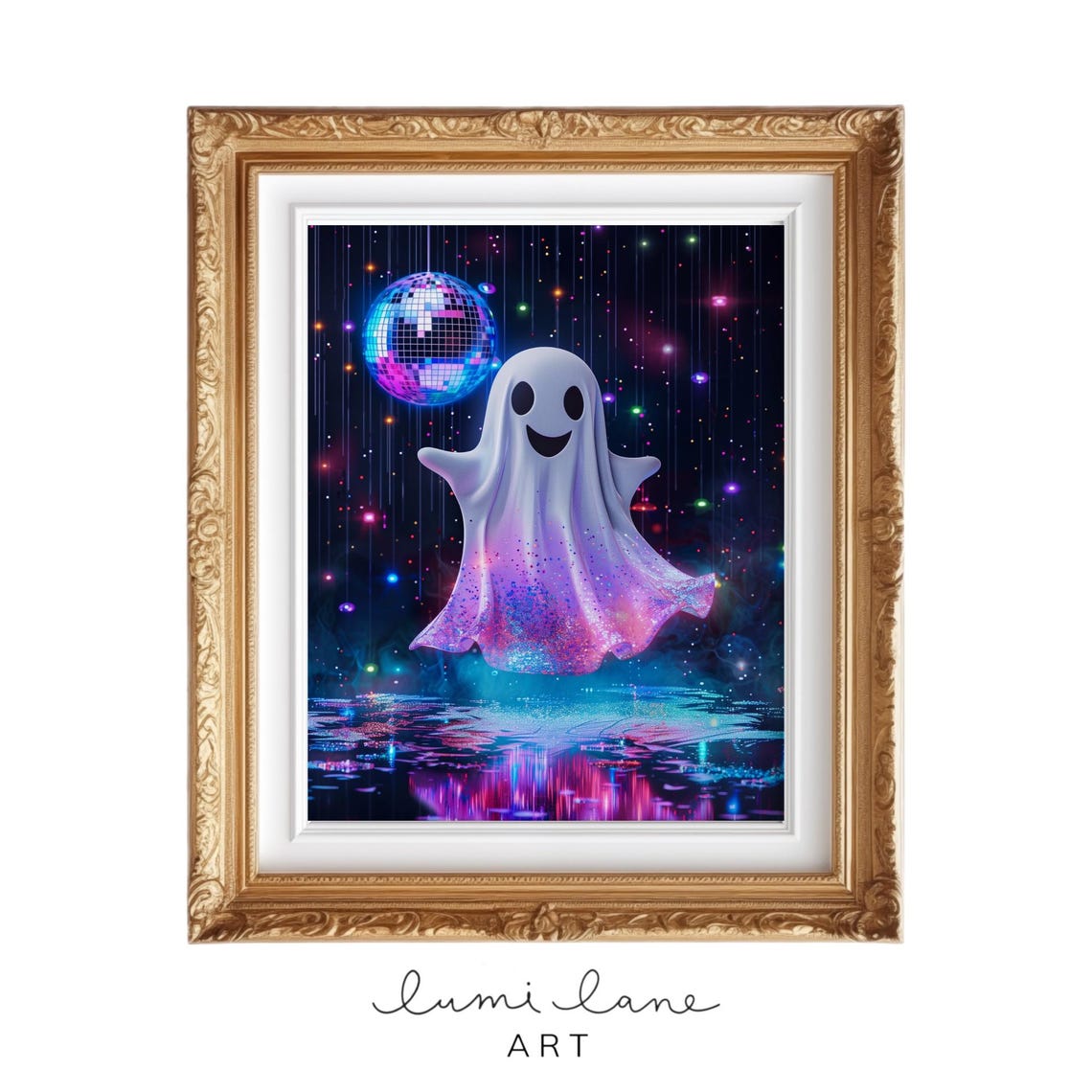 Neon Disco Ghost Dancing Under Disco Ball Colorful Party Poster