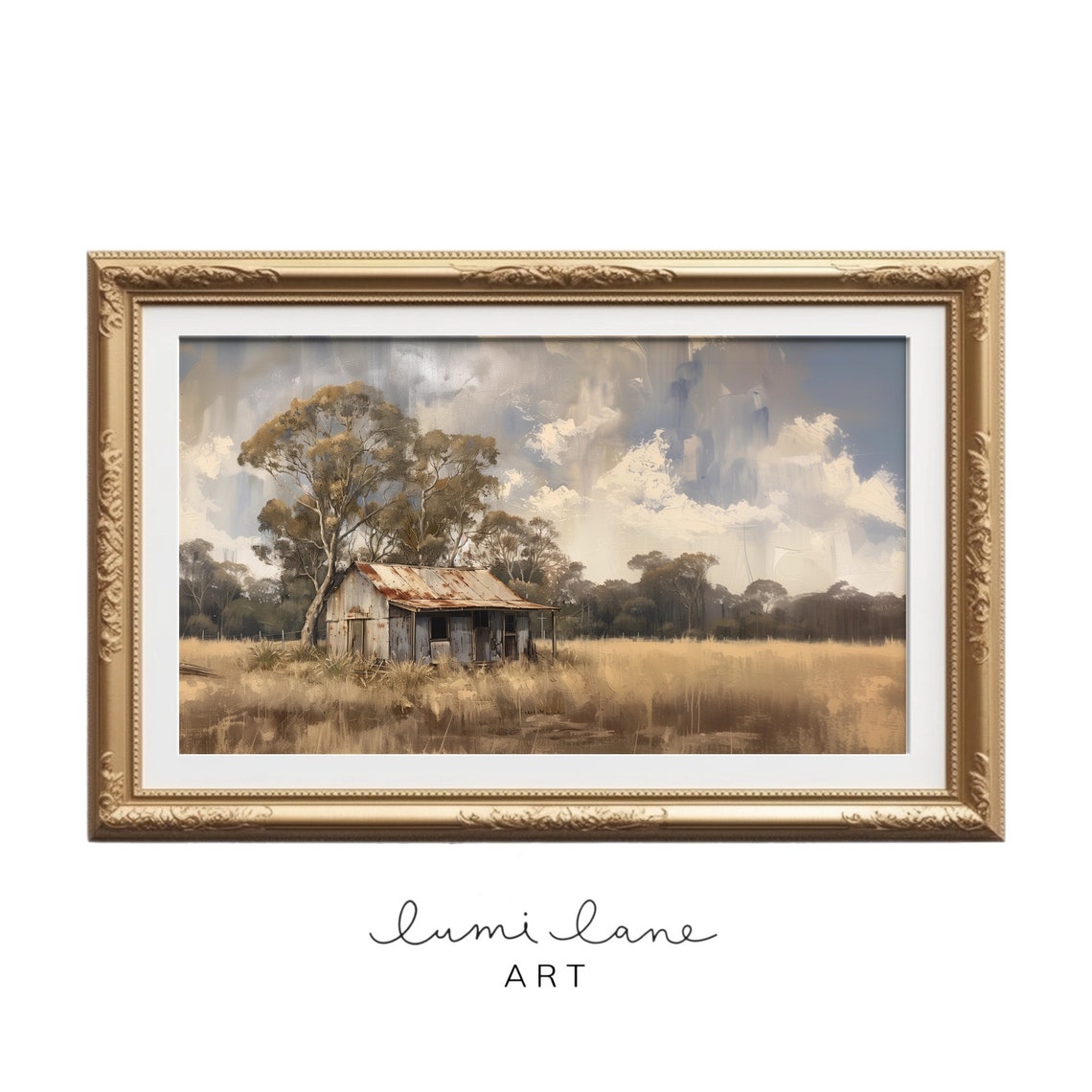 Rustic Iron Shed Gum Trees Golden Field Countryside Painting Poster