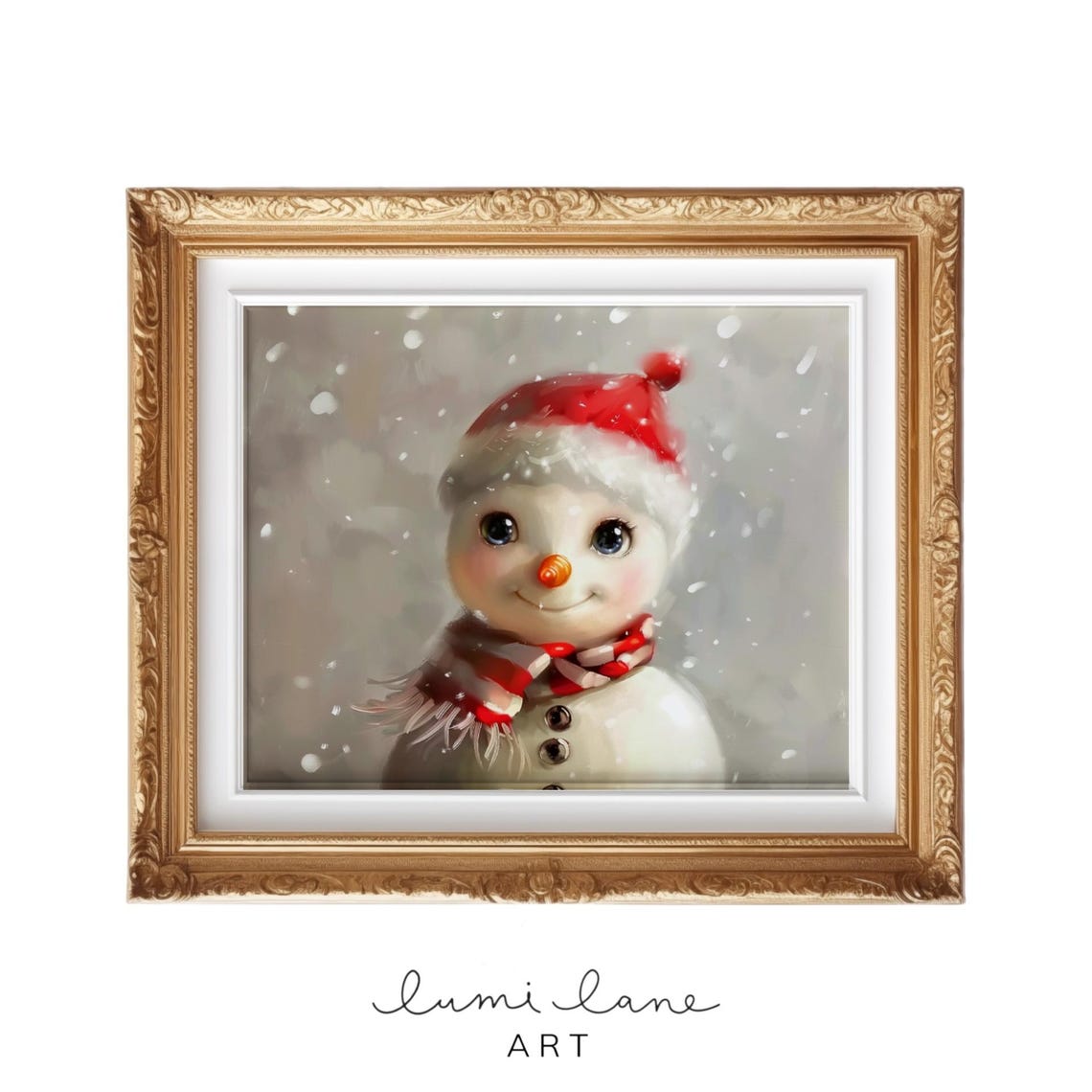 Cute Snowman in Red Santa Hat Falling Snow Christmas Art Poster