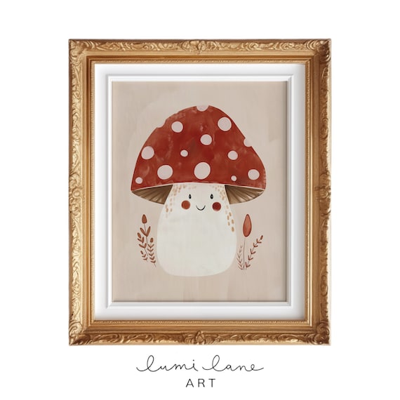 Cute Smiling Toadstool Mushroom Whimsical Kids Room Art Poster
