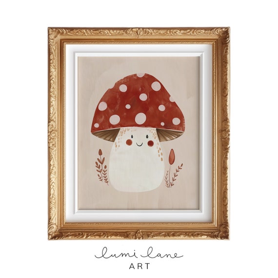 Cute Toadstool Art Smiling Vegetable Print Food Wall Mushroom Instant Textured Painting Bon Appetit Fun Fungi