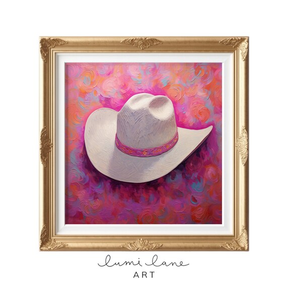 White Cowboy Hat Pink Floral Impasto Painting Western Decor Wall Art