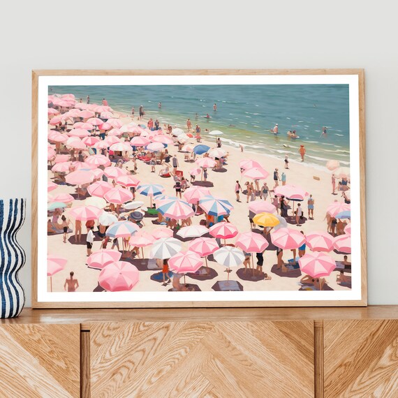 Pink Parasols Crowded Beach Summer Painterly Seaside Art Poster