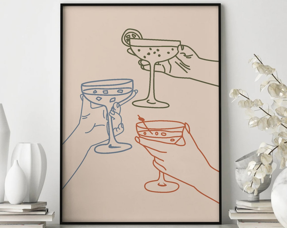 Minimalist Cheers Line Art Three Hands Cocktail Glasses Poster