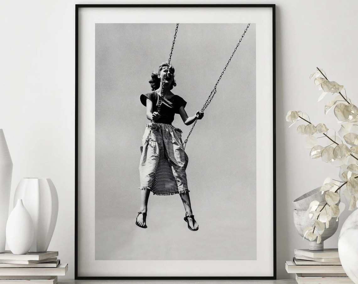 Vintage Black And White Joyful Woman On Swing Photography Poster