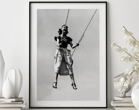 Vintage Black And White Joyful Woman On Swing Photography Poster