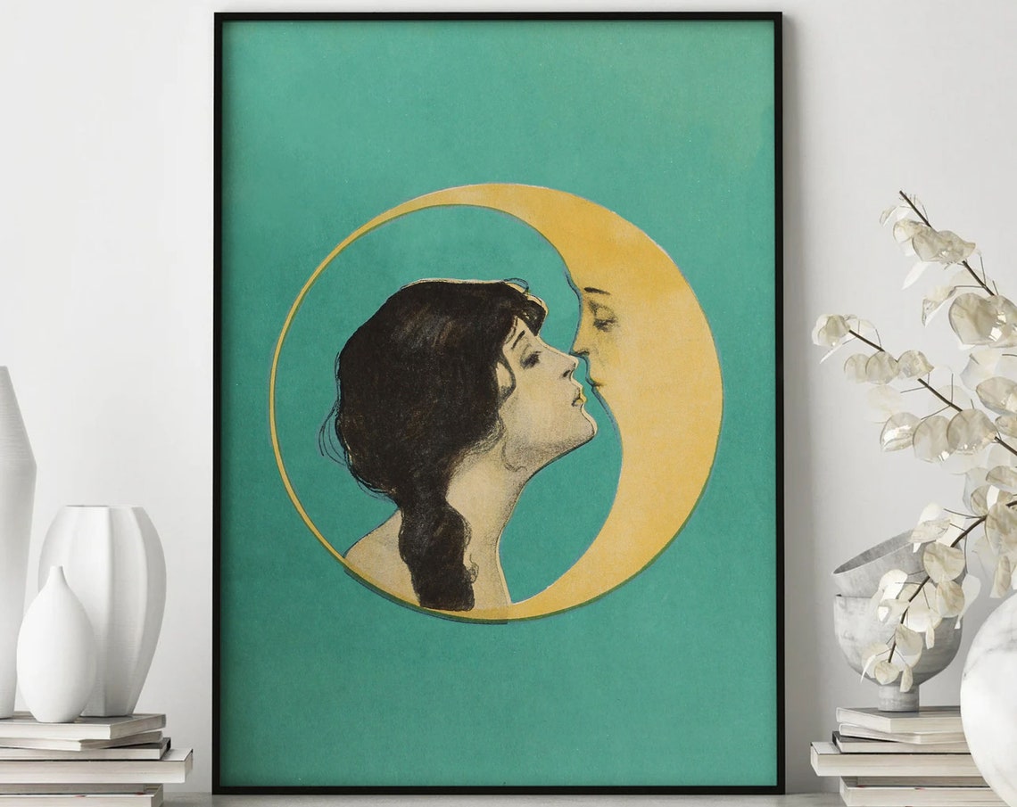 Dear Old Dixie Moon Woman Kissing Crescent Moon Vintage Art Poster