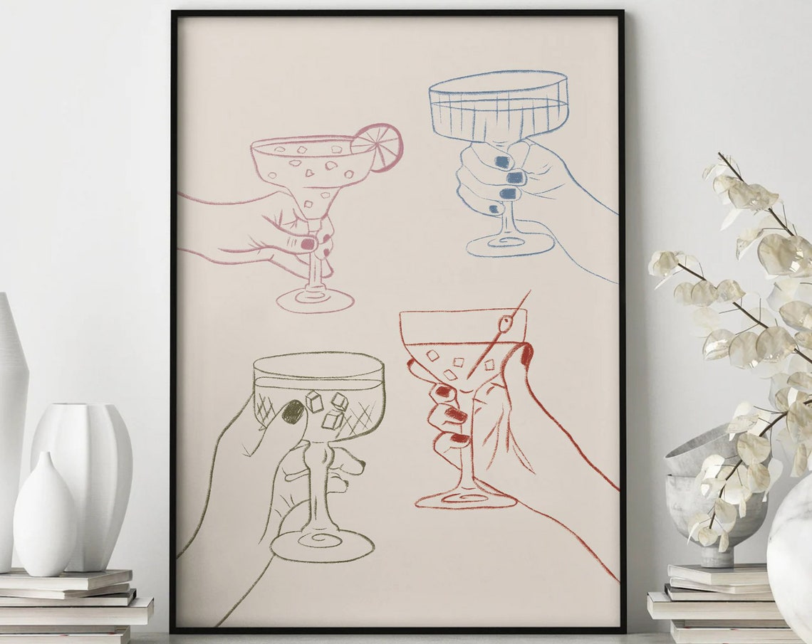 Cheers Hands Line Art Cocktail Glasses Modern Minimalist Bar Print