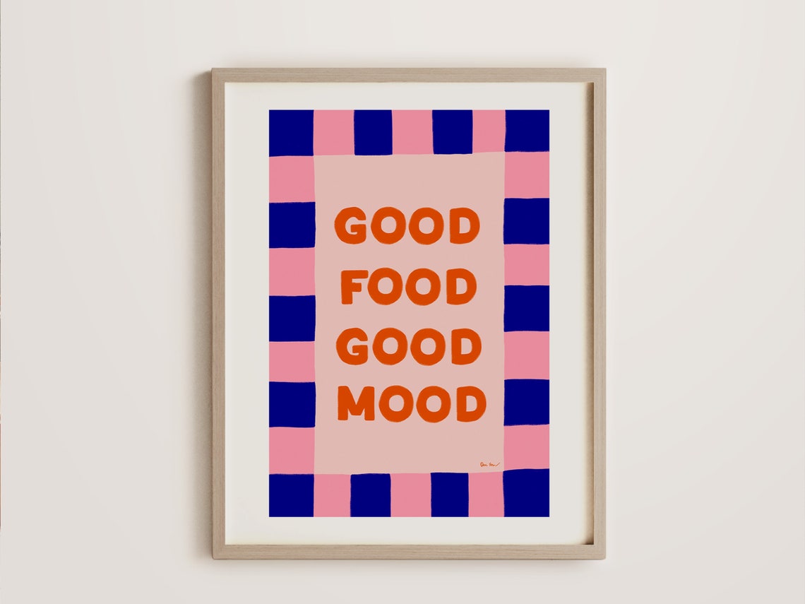 Good Food Good Mood Retro Blue And Pink Checkered Kitchen Poster - Image 2