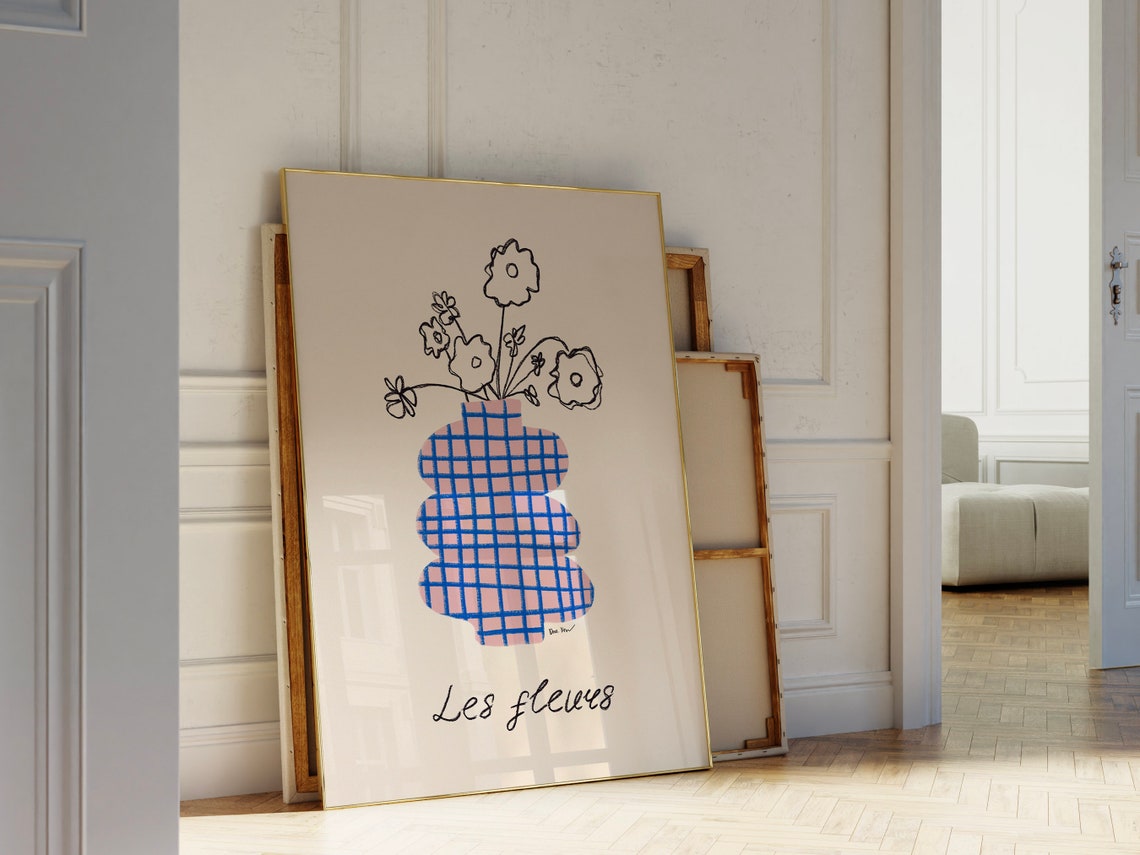 Les Fleurs Blue Gingham Vase French Floral Minimalist Wall Art