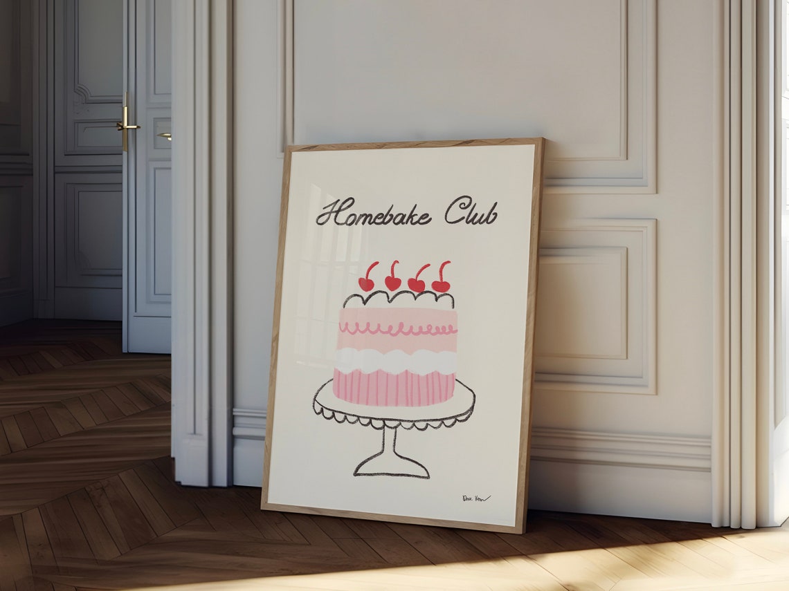 Cute Homebake Club Pink Cherry Cake Sweet Baking Kitchen Poster