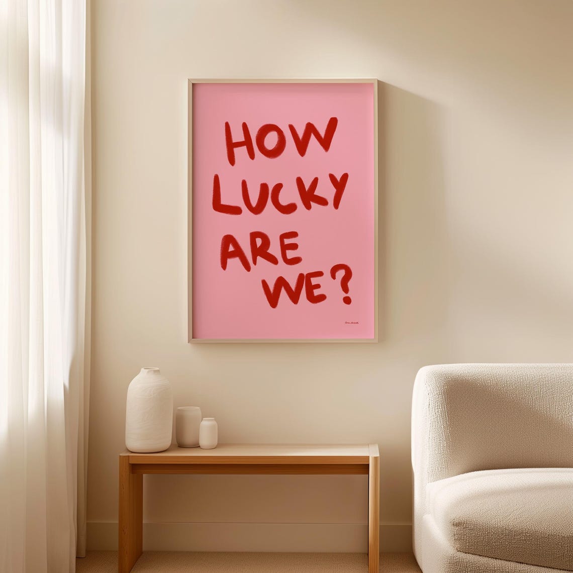 How Lucky Are We Bold Red Pink Trendy Affirmation Art Poster - Image 2