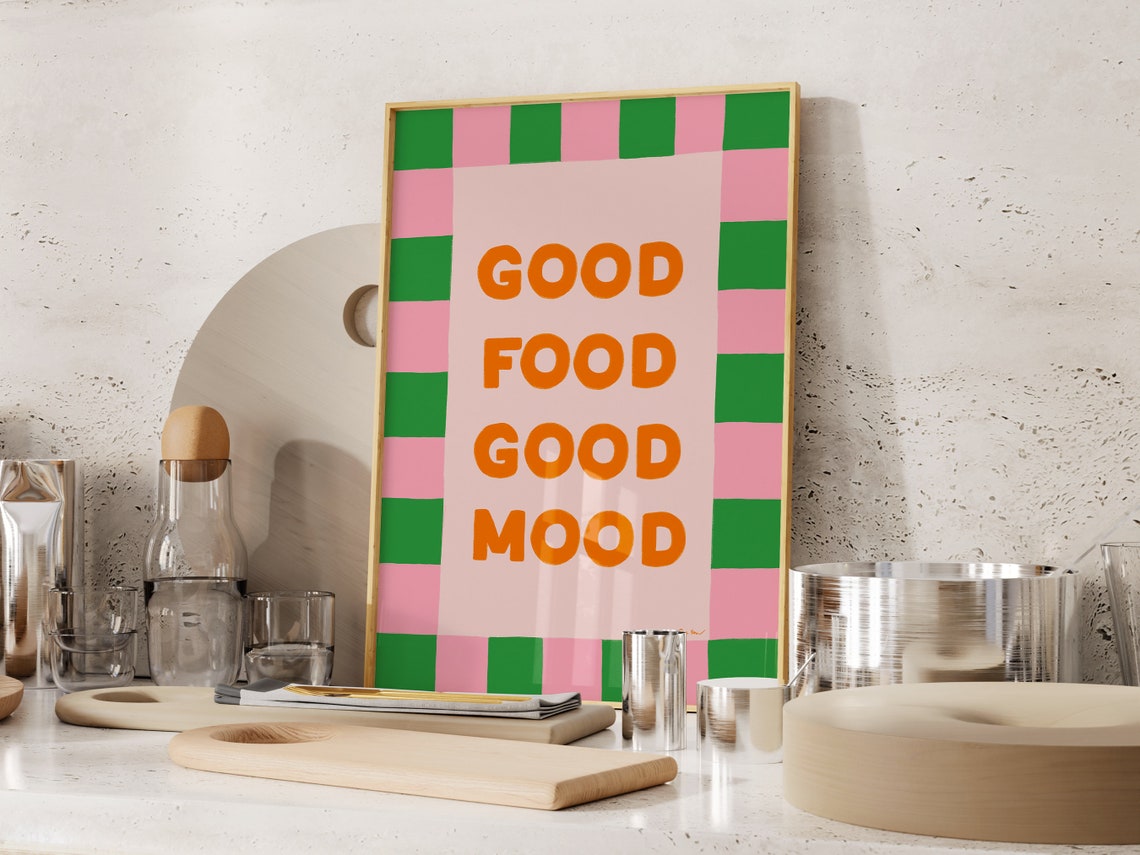Good Food Good Mood Orange Lettering Checkerboard Kitchen Poster - Image 4