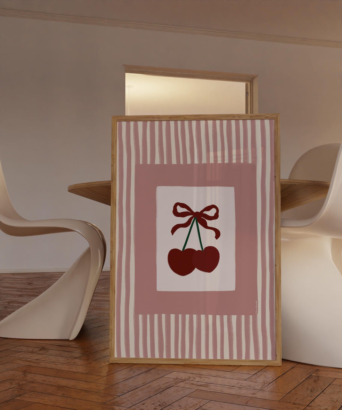 Cherry Bow Pink Striped Coquette Kitchen Sweet Fruit Art Poster - Image 3