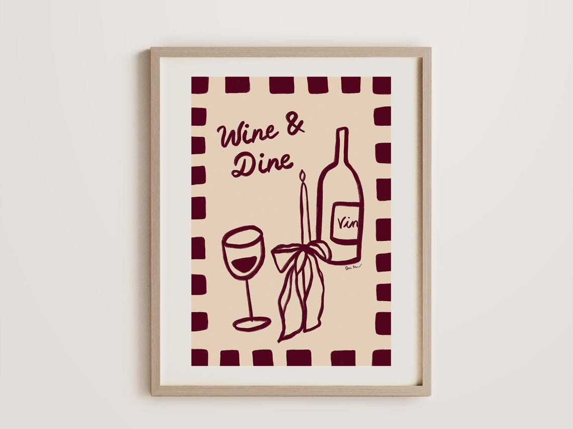 Wine And Dine Hand Drawn Wine Illustration Kitchen Retro Poster - Image 4