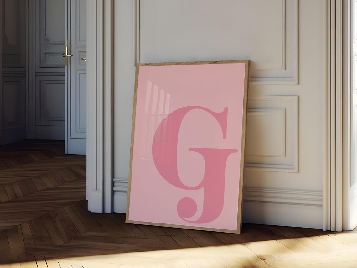 Letter G Monogram Soft Pink Serif Typography Minimalist Name Wall Art