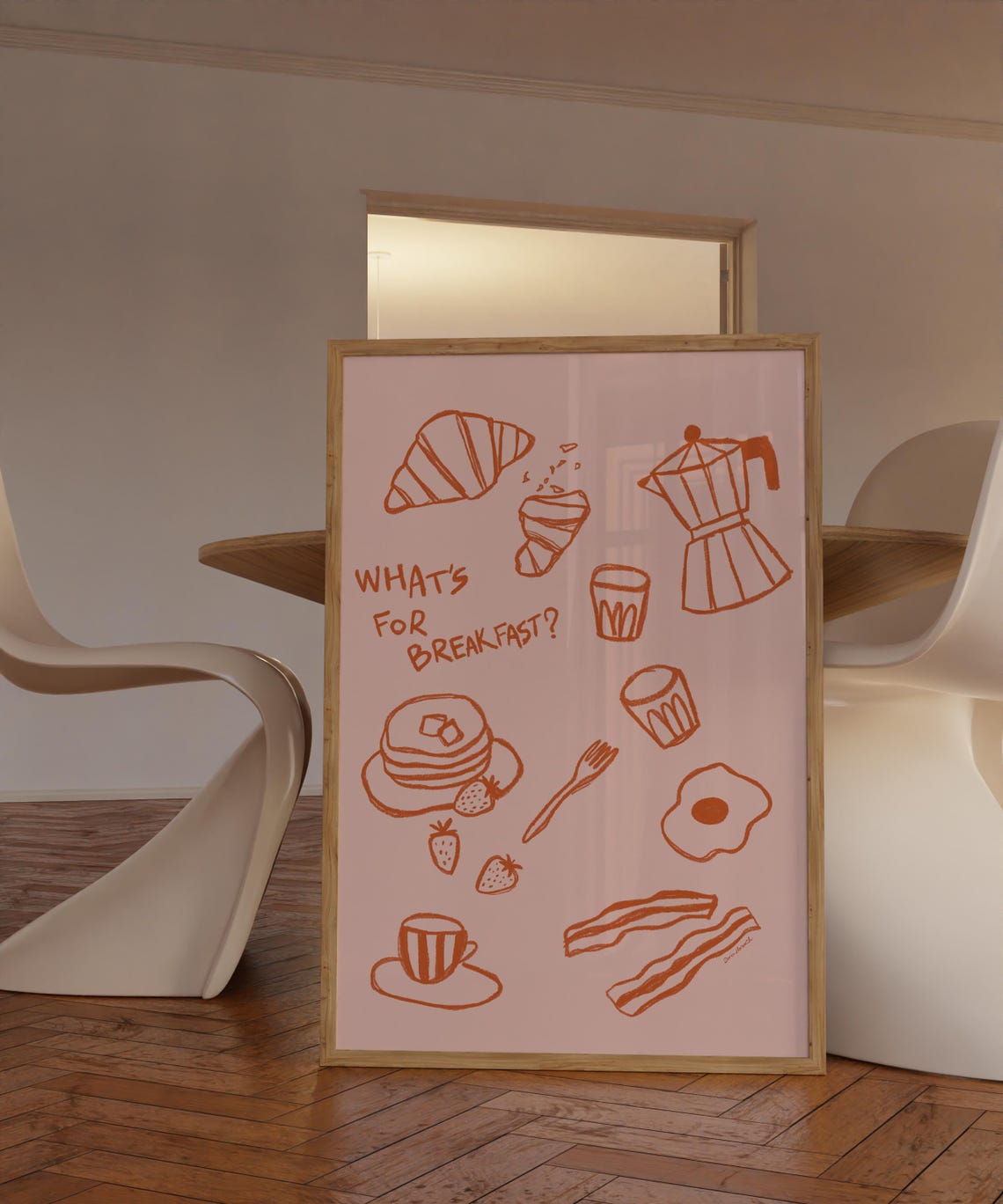Whats For Breakfast Retro Pink Kitchen Food Sketch Morning Poster - Image 3