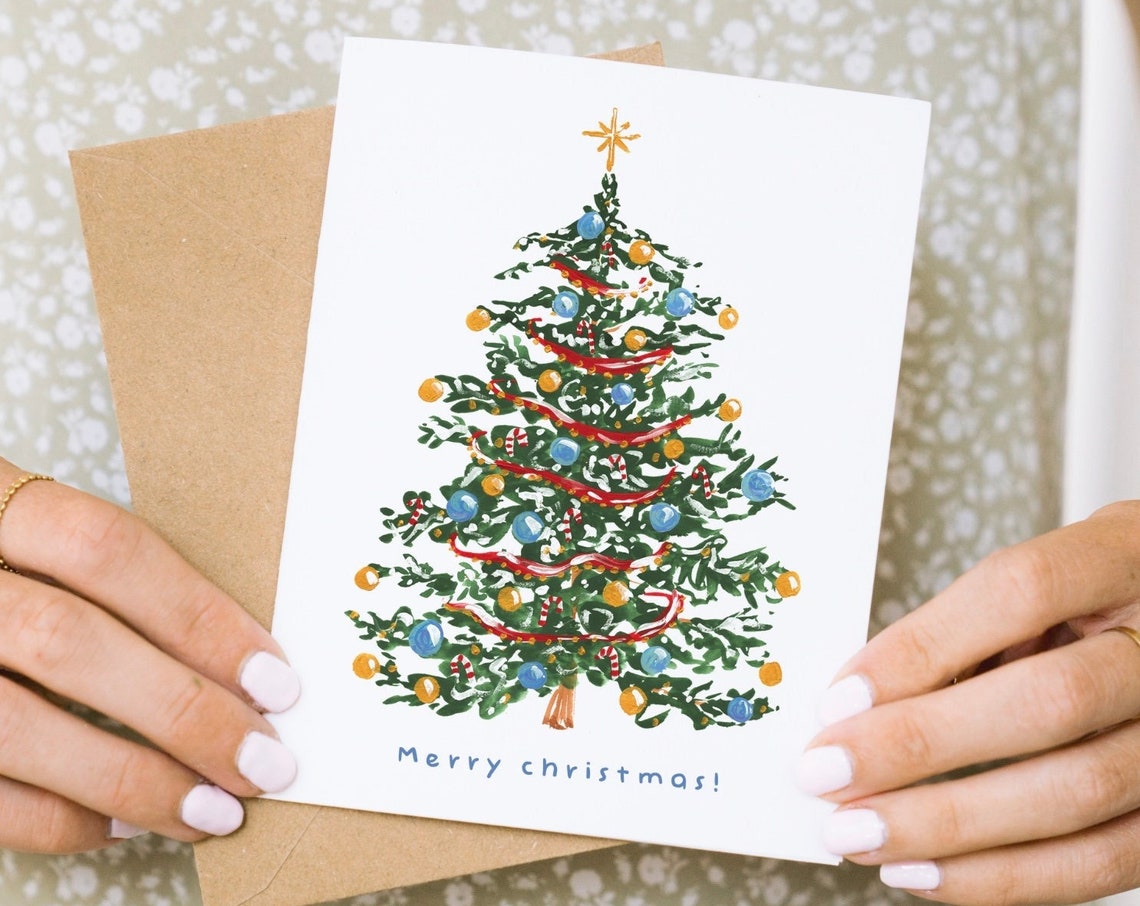 Decorated Christmas Tree Merry Christmas Hand Painted Greeting Card