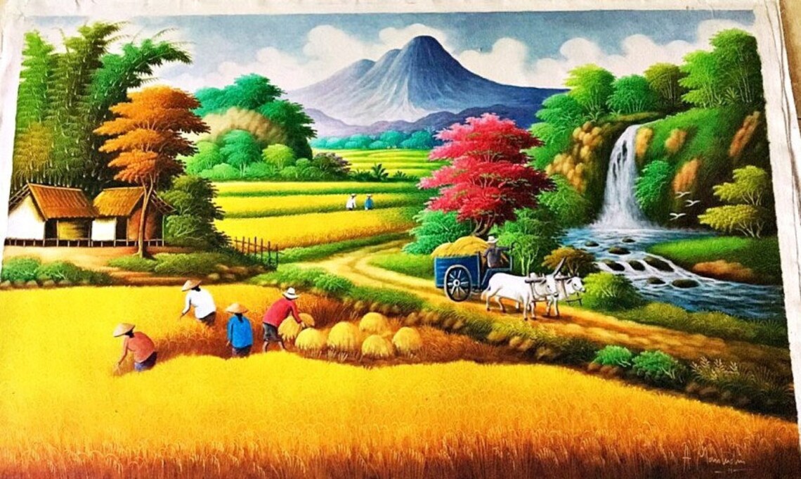 Rice Harvest With Waterfall And Cow Cart Art Print