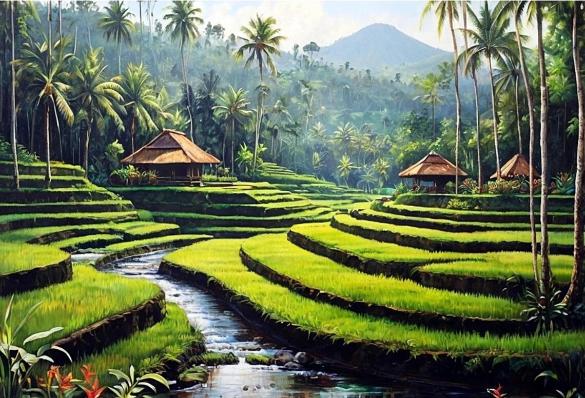 Green Harmony Rice Terraces Landscape Art Print