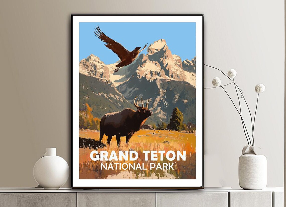 Grand Teton National Park Elk Eagle Wilderness Vintage Travel Poster - Image 2
