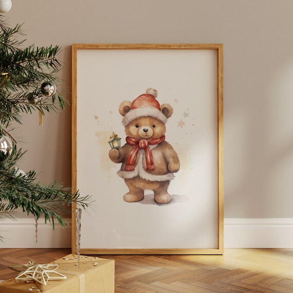 Christmas Teddy Bear Holding Lantern Santa Scarf Nursery Poster