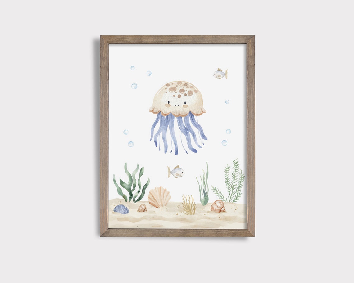 Smiling Jellyfish Watercolor Under The Sea Ocean Nursery Wall Poster