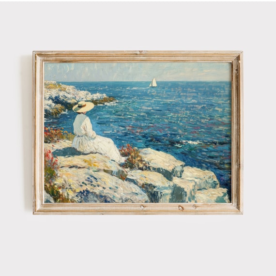 Woman Overlooking the Sea Sailboat Coastal Oil Painting Art Poster