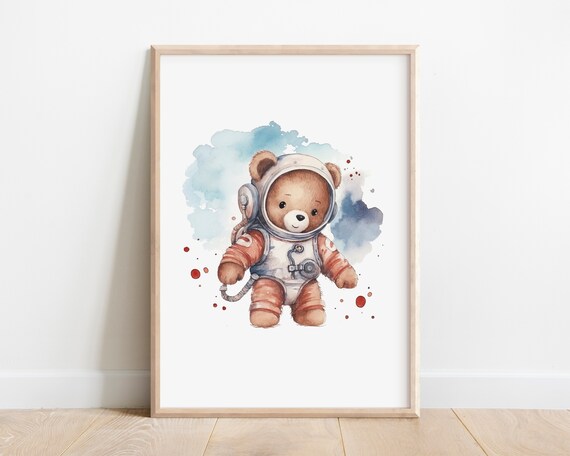 Teddy Bear Astronaut Watercolor Space Themed Nursery Kids Poster