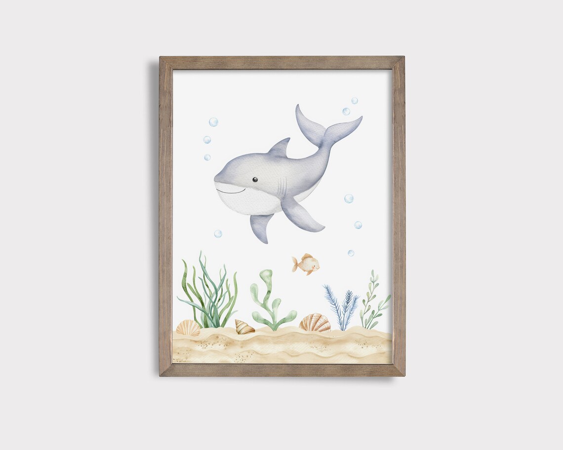 Cute Smiling Shark Watercolor Under The Sea Nursery Animal Poster