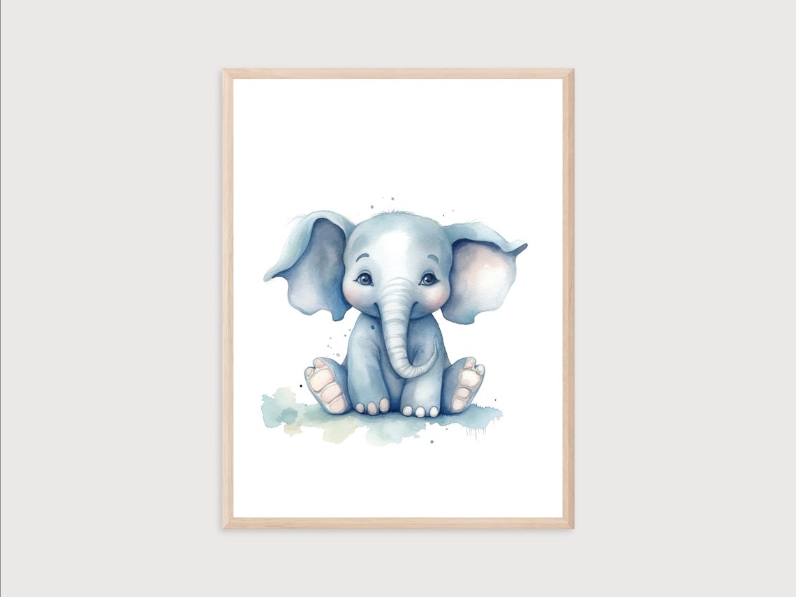 Cute Baby Elephant Watercolor Poster, Nursery Wall Decor Art