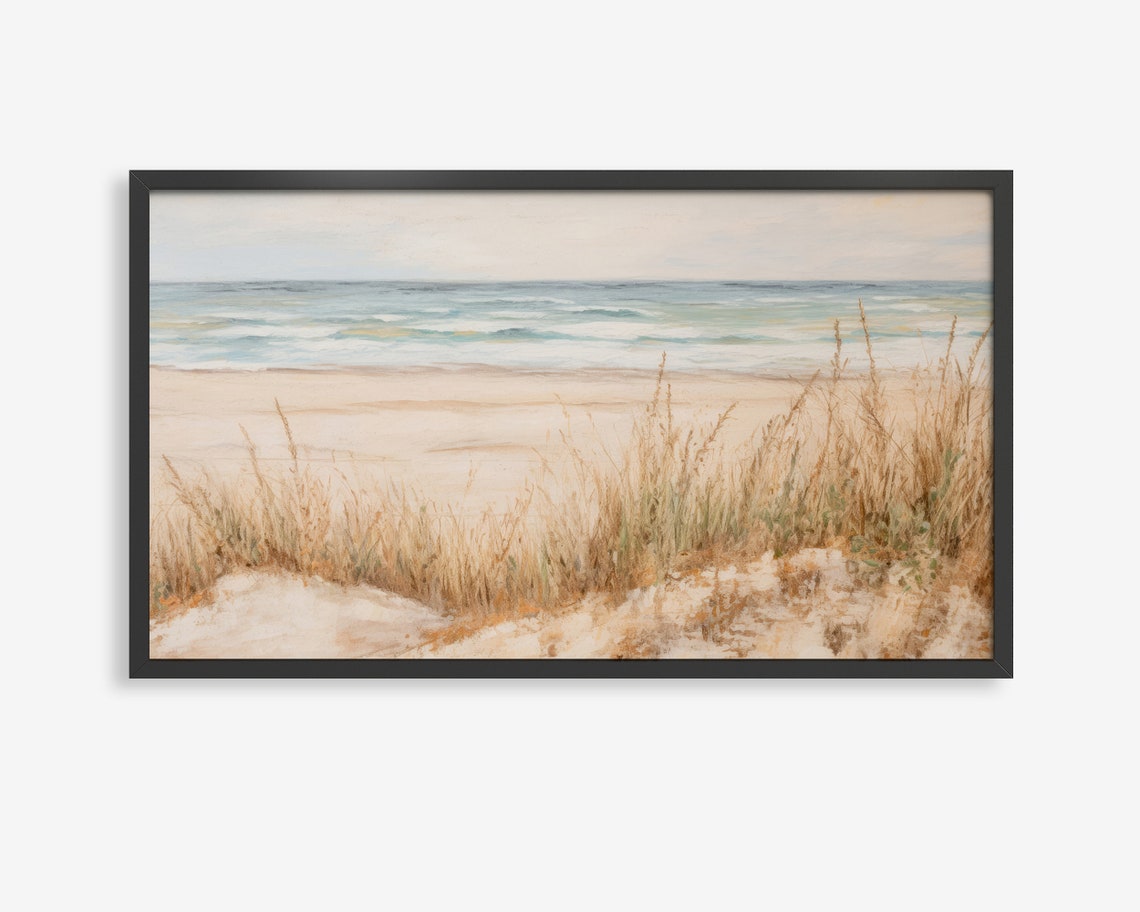 Beach Dune Grass Watercolor Poster Ocean Waves Coastal Decor Art