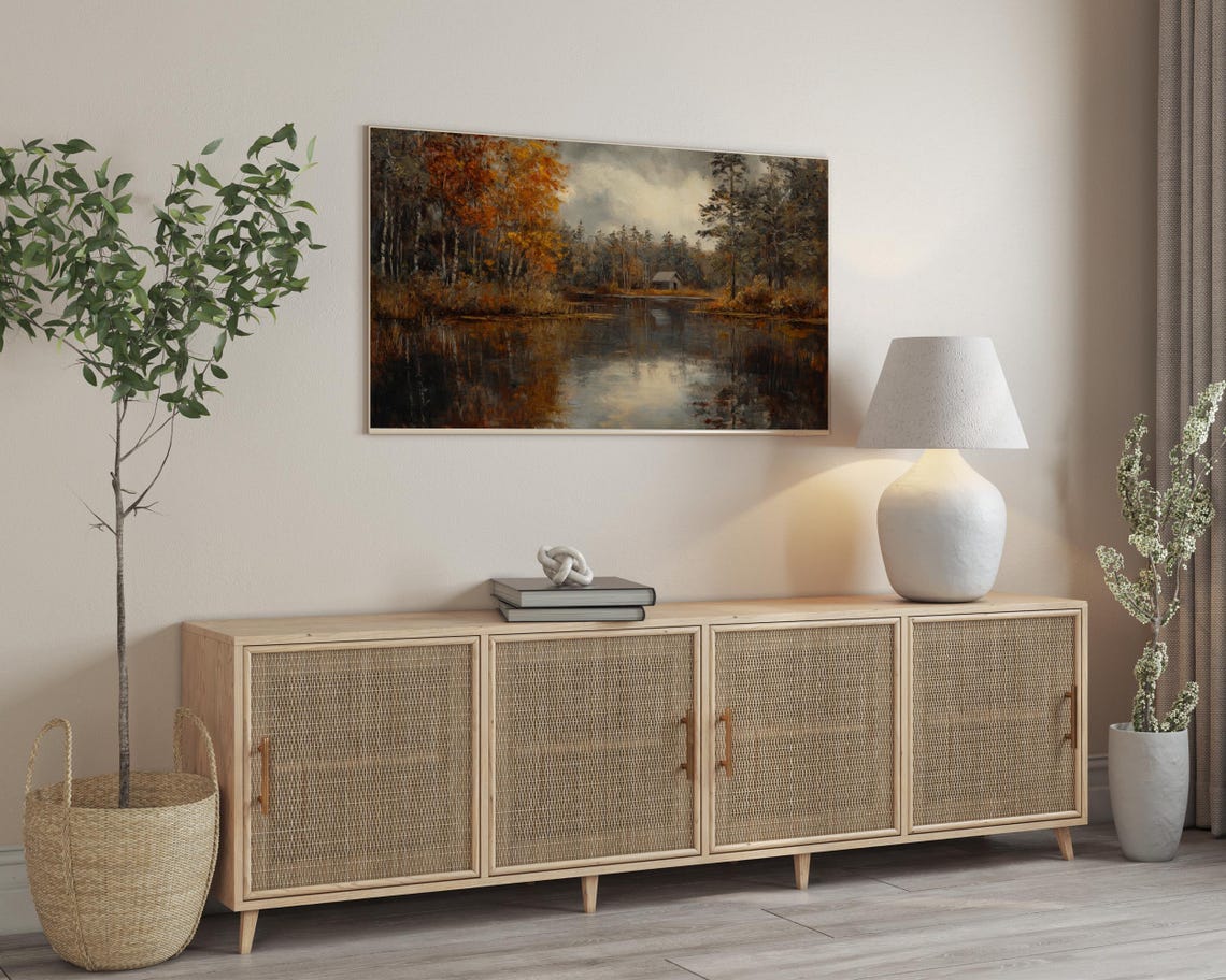 Autumn Lake Cabin Birch Trees Fall Reflection Frame TV Art Poster - Image 3