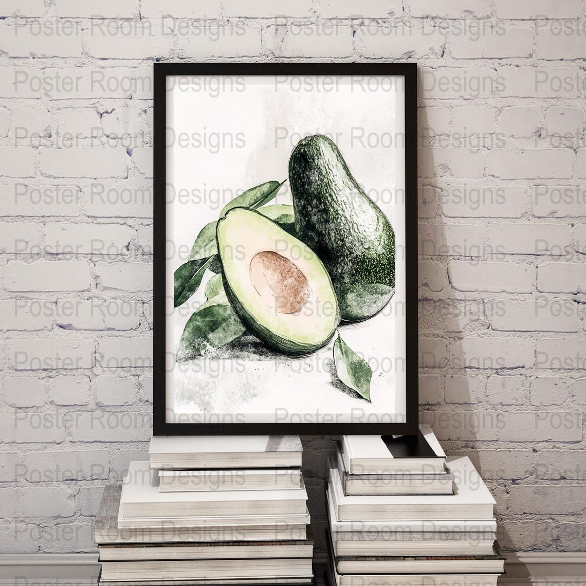 Soft Watercolor Avocado Still Life Painting with Pit and Leaves Poster