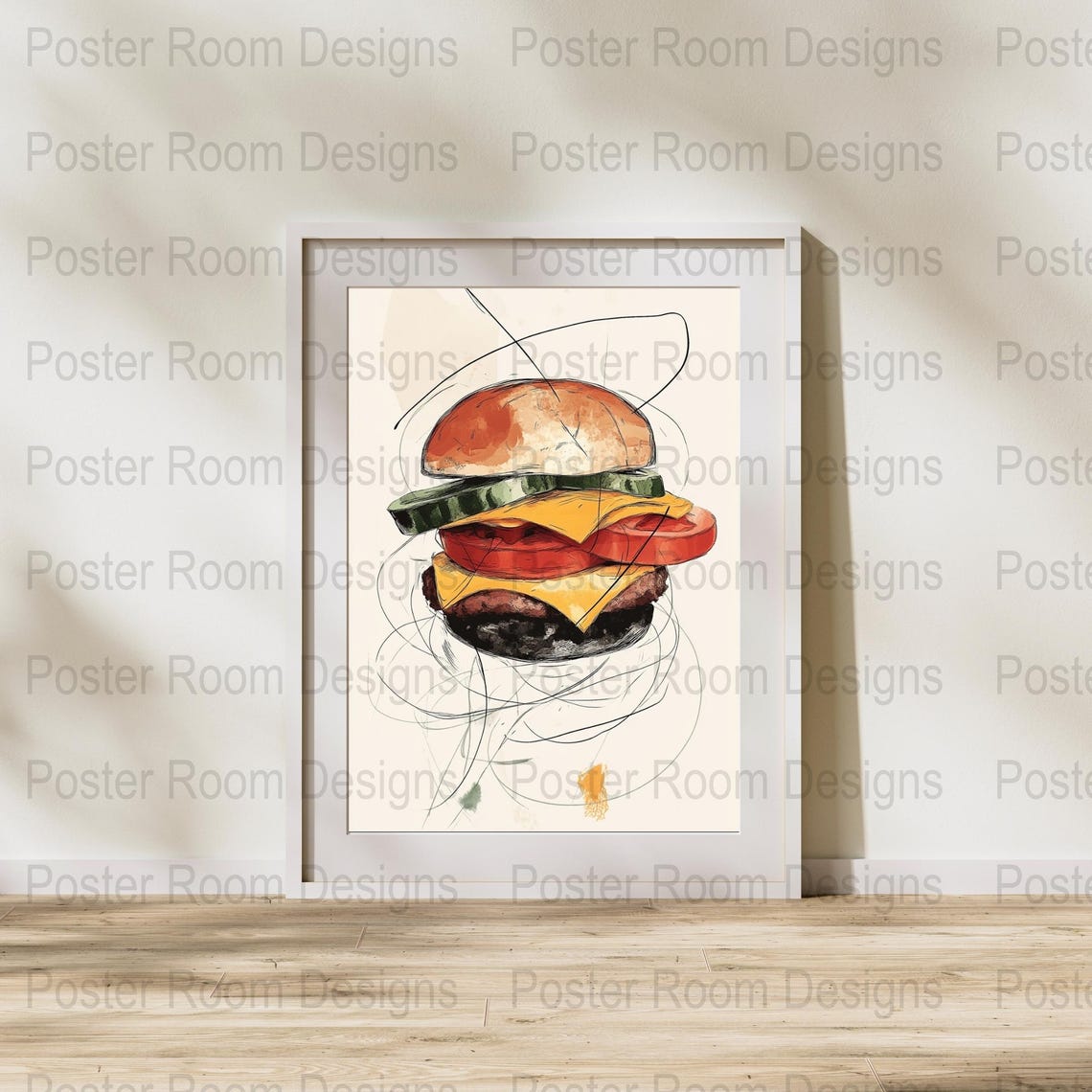 Minimal Cheeseburger Line Art Watercolor Sketch Kitchen Poster - Image 2
