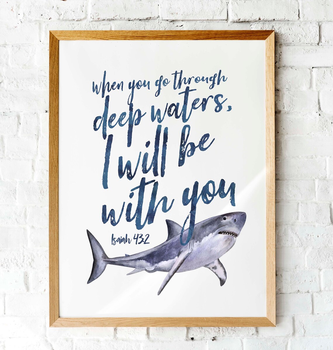 Isaiah 43v2 Blue Watercolor Shark Scripture Art Print