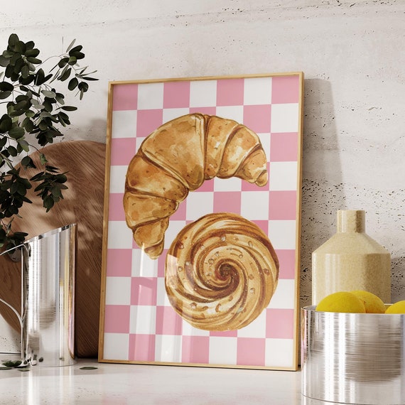 Croissant Print Kitchen Wall Art Pink Food Print Retro Prints Cute Kitchen Decor Modern Dinning Room Art
