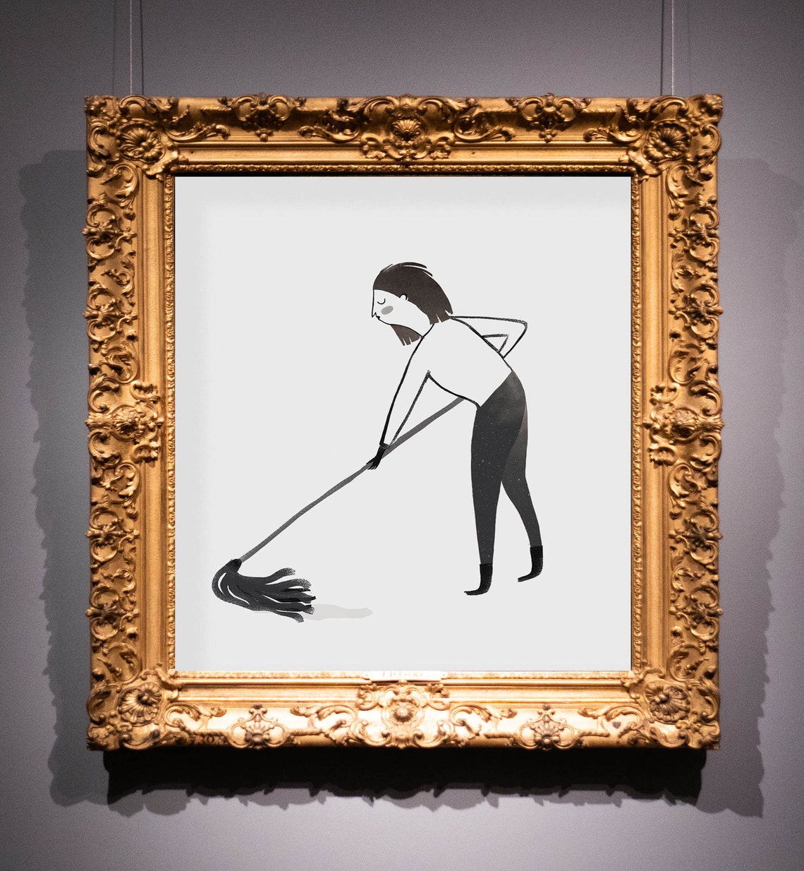 Modern Minimalist Woman Mopping Floor Black Ink Drawing Art Print