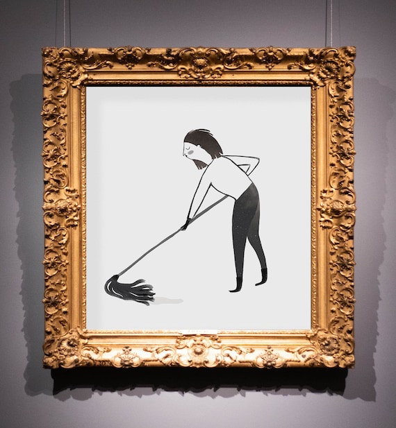 Modern Minimalist Woman Mopping Floor Black Ink Drawing Art Print