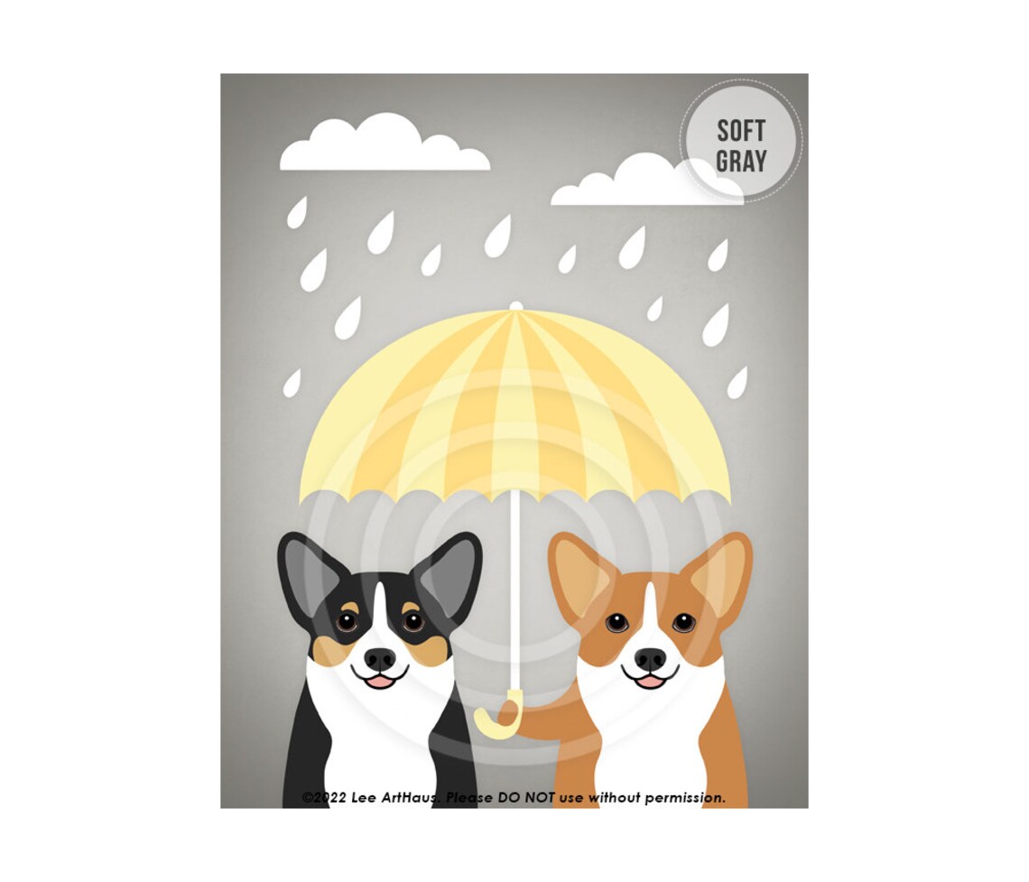 Two Corgis Sharing Yellow Umbrella Rainy Day Gray Funny Dog Poster