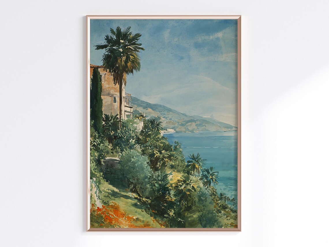 Amalfi Coast Travel Poster, Sunlit Seaside Villa View